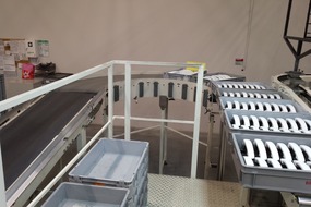 2012. A transport system for trays with door handles to a paint shop
